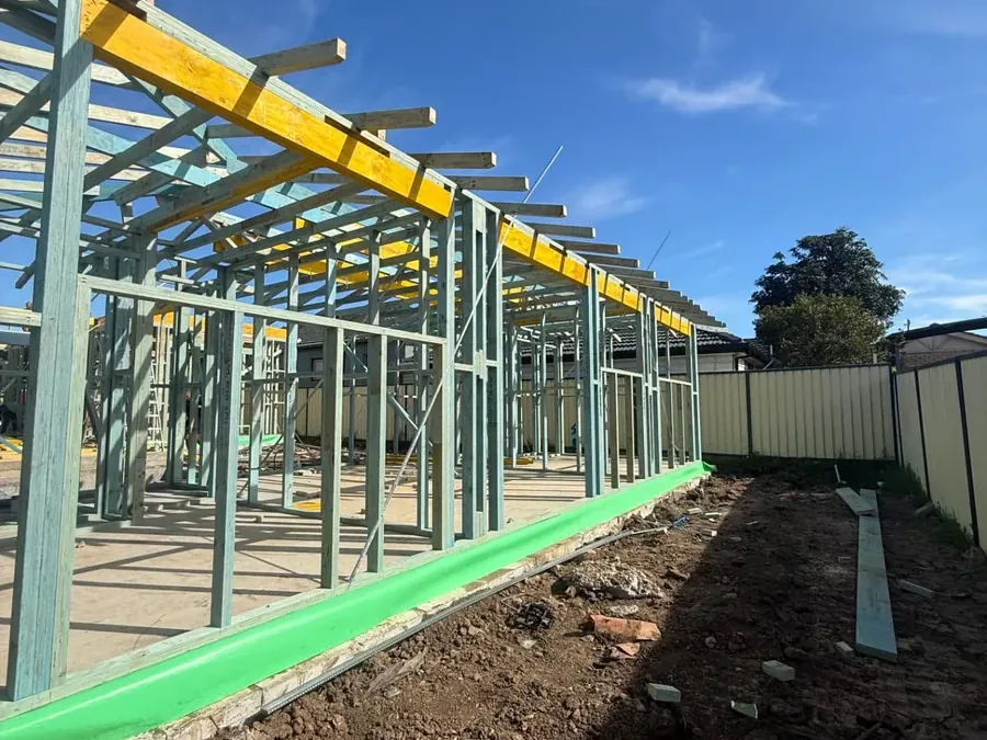 Granny flat frame under construction in a Sydney backyard by Jirah Carpentry