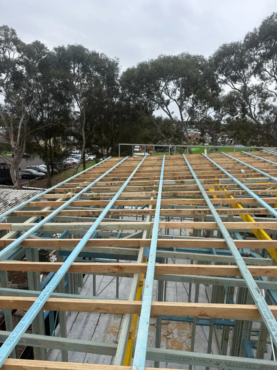 Upper floor LVL joists laid out over ground floor wall frames on a Sydney duplex by Jirah Carpentry