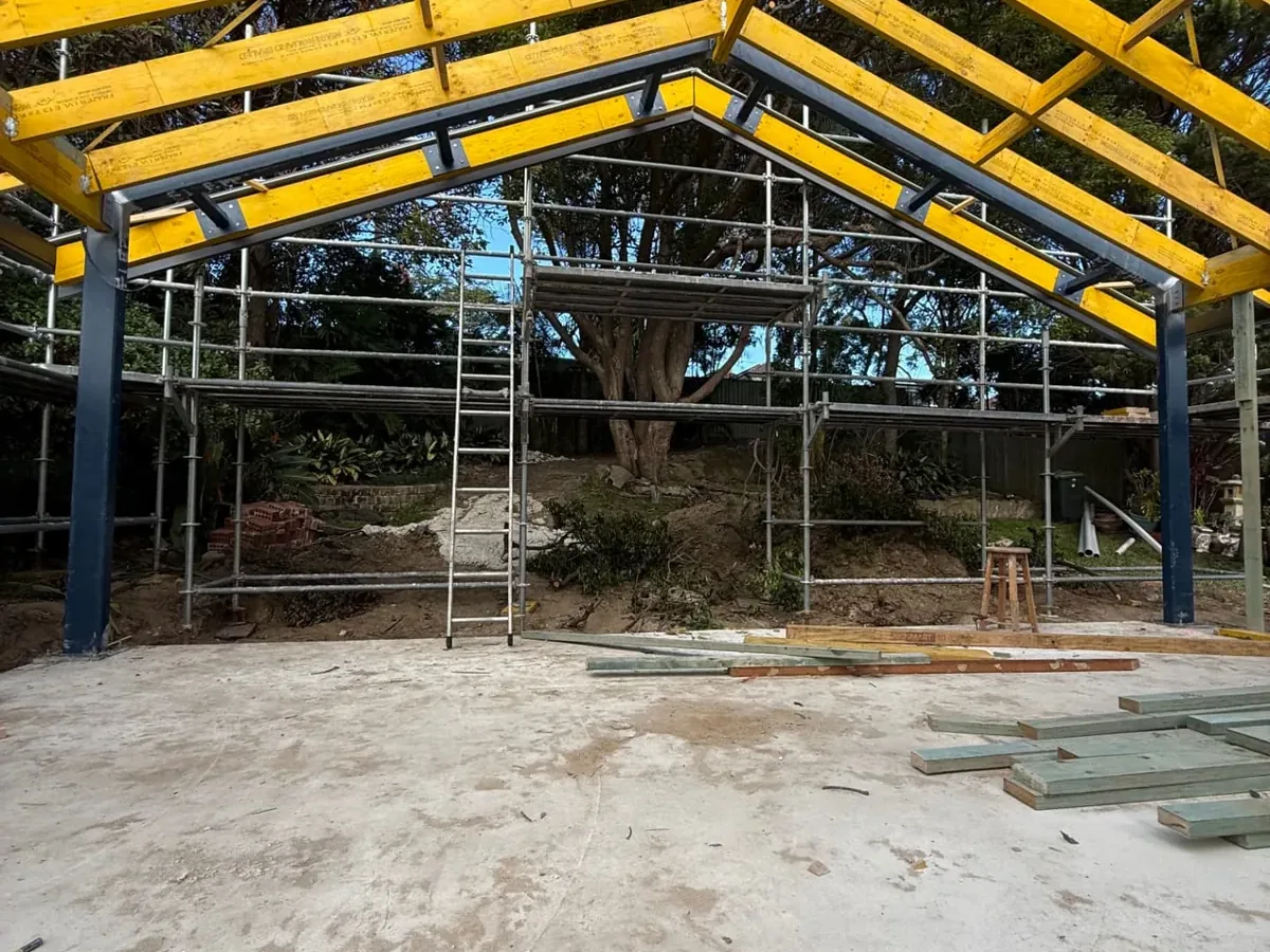Cathedral roof rafters on steel portal frame over a slab in Western Sydney by Jirah Carpentry